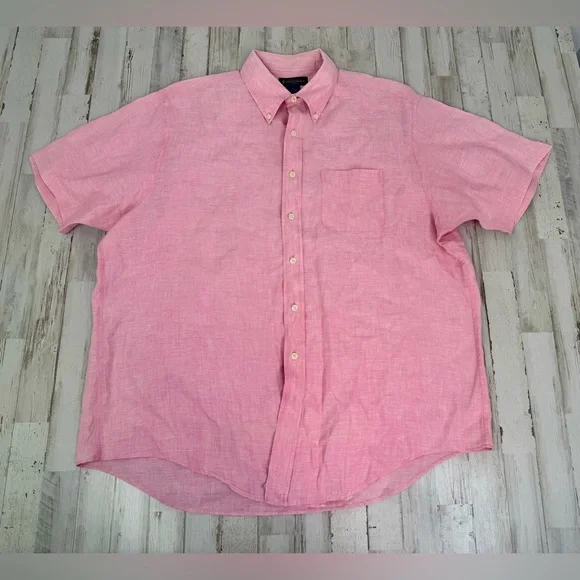 Brooks Brothers Button-Up Shirt Men XL Pink 100% Irish Linen Short Sleeve - Picture 1 of 9